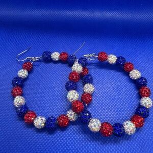 Red, Blue, and Silver Beaded Hoop Earrings